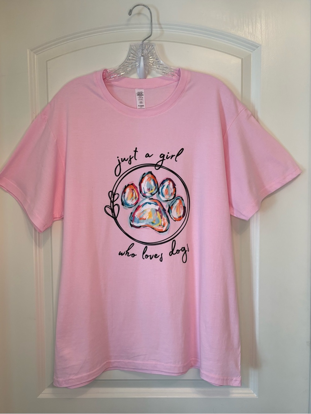 Women's Pink 100% Cotton Just a Girl Who Loves Dogs Tee with Paw Print XL